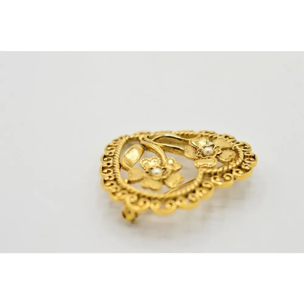 Vintage Pin Brooch Gold Floral Flower Heart Faux Seed Pearl Bead Metal 1980s 9B